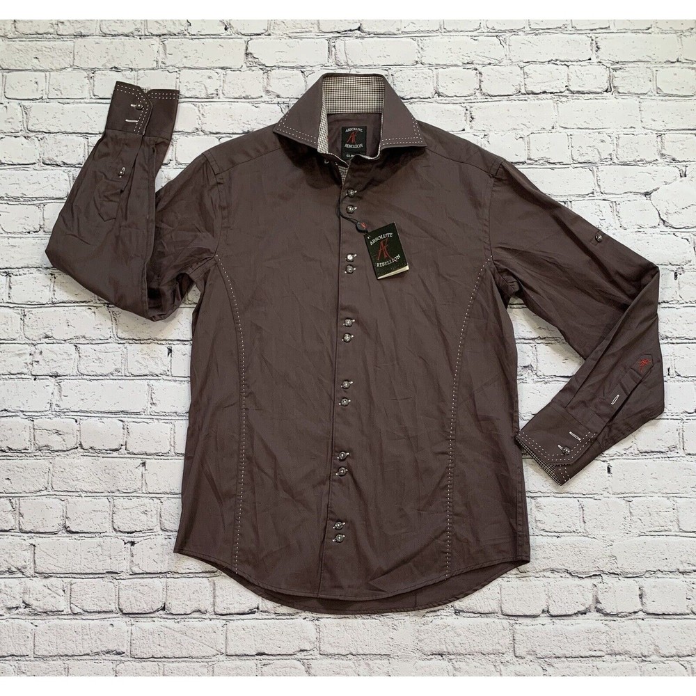 NWT Absolute Rebellion Men's S Slim Fit Brown Thick Stitch w Gingham Flip Cuff